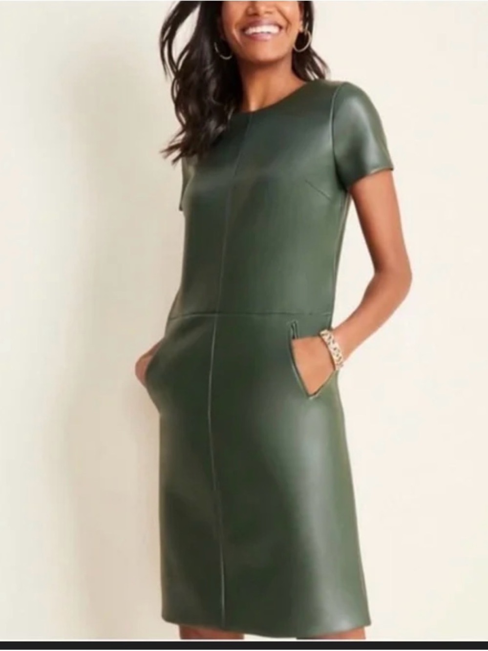 Ann Taylor Green Faux Leather Midi Shift Dress